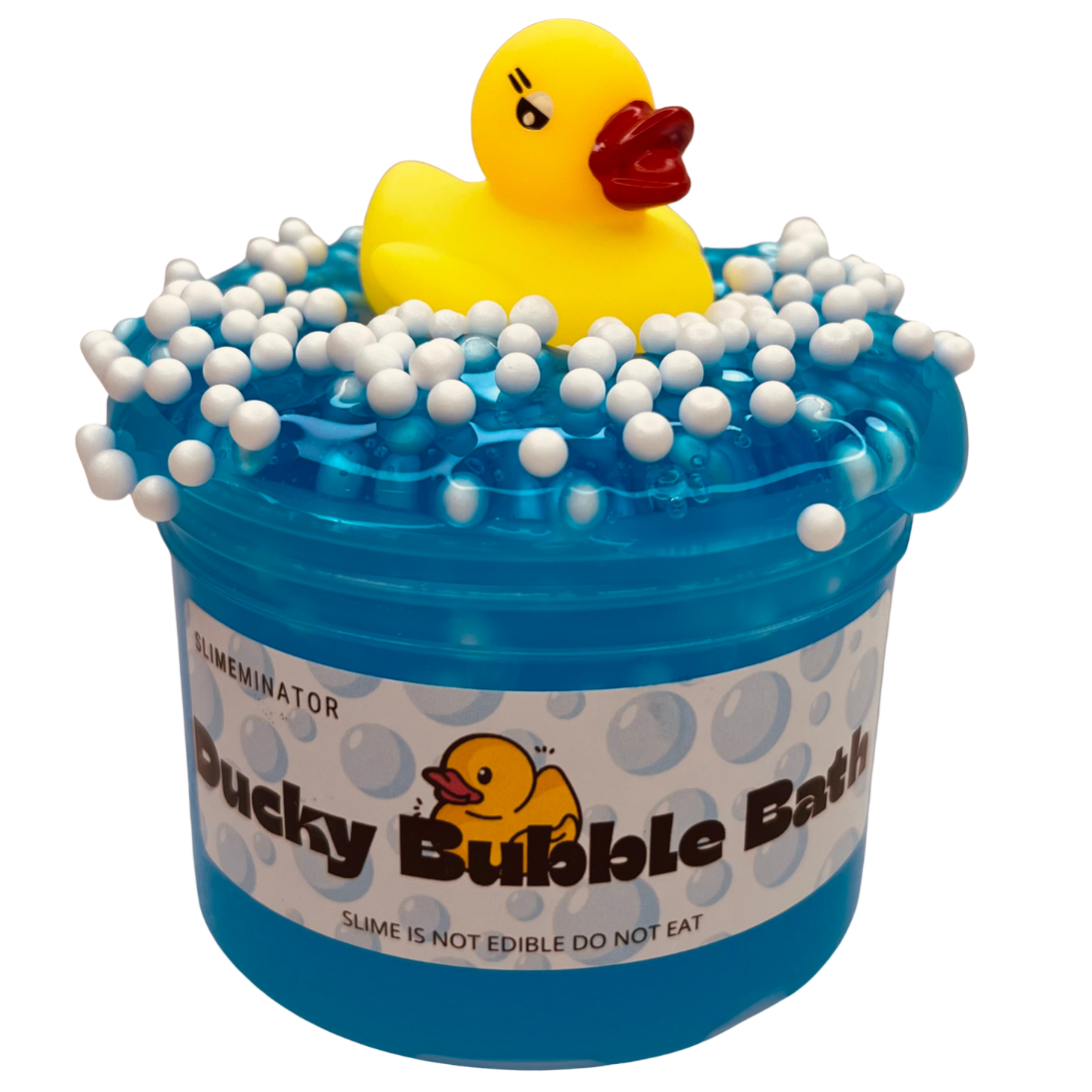Blue container of 'Ducky Bubble Bath' with a yellow rubber duck on top, on a white background. CLEAR SLIME, ASMR.