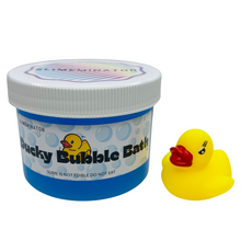 Load image into Gallery viewer, Bucky Bubble Bath container with a yellow rubber duck on a white background. CLEAR SLIME, ASMR
