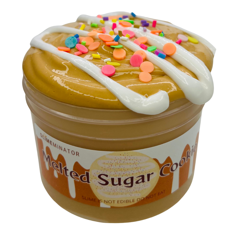 Jar of 'Melted Sugar Cookie' slime with colorful sprinkles on a white background. BUTTER SLIME, ASMR